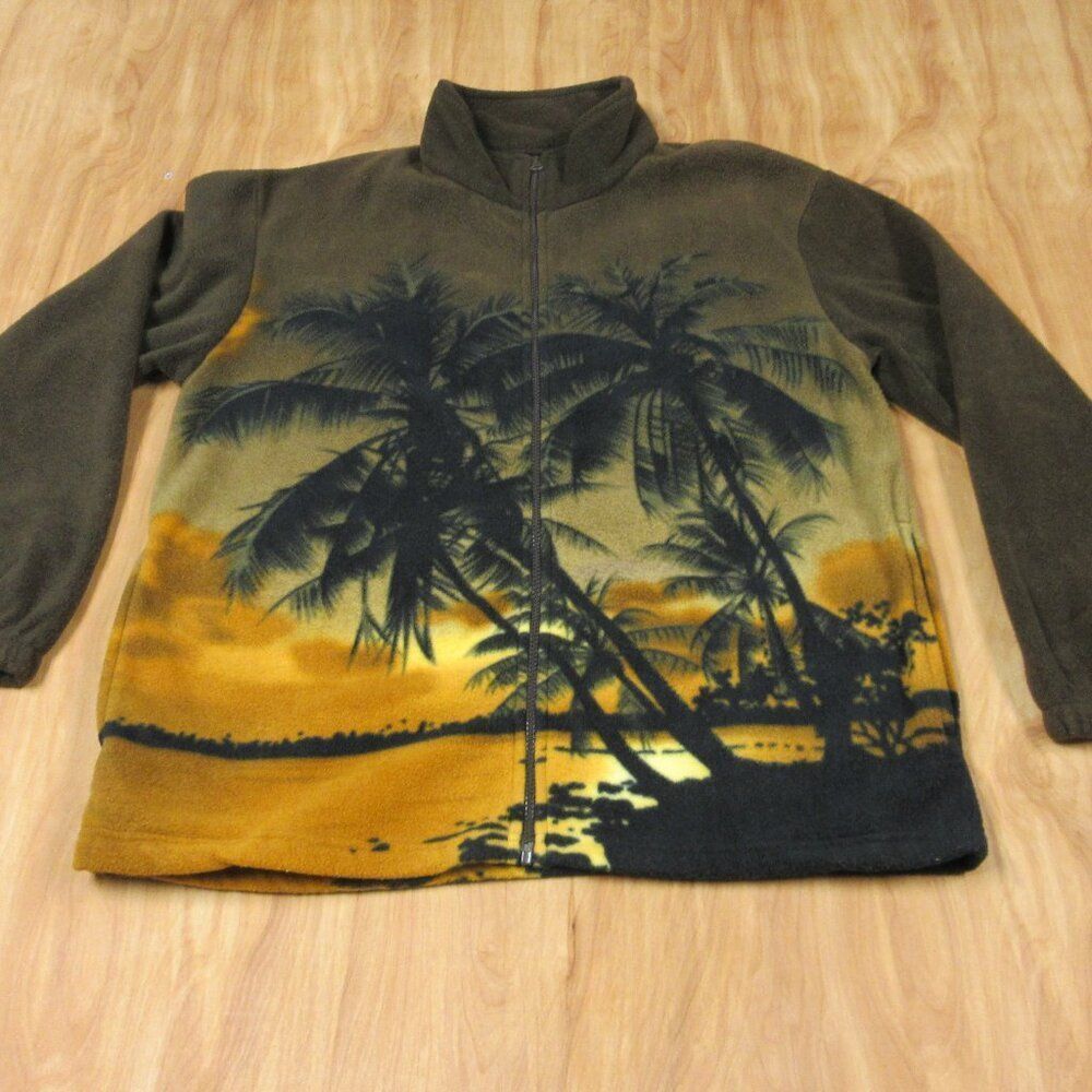 KOKOPELLI All Over Palm Print Zip-Up Fleece Jacket Sz M‎ Hawaiian Tropical Coat